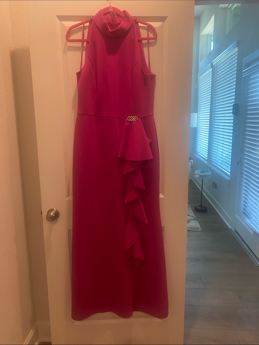 Eliza J Fuchsia Halter Ruffle Column Dress